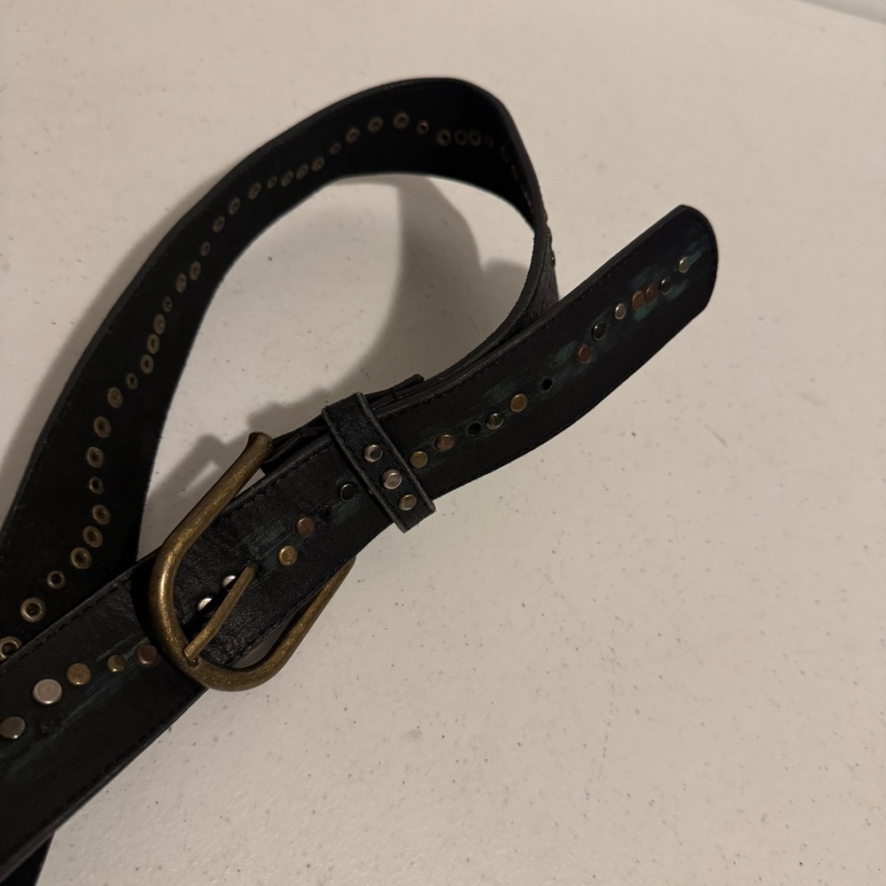 Elegant Black Leather Belt with Brass Accents
